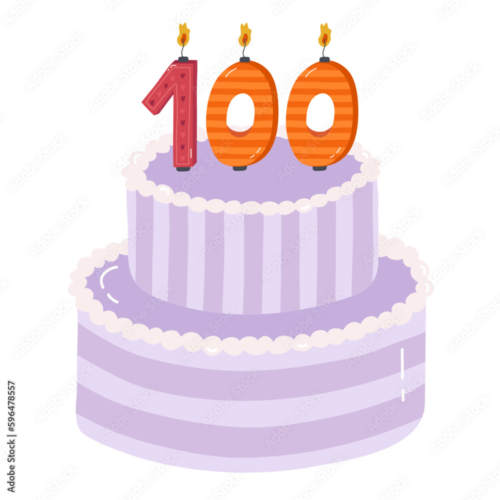 Cute birthday cake with burning candles in the form of numbers. Dessert for celebration each year of birth, anniversary. Stylized hand drawn clipart of holiday cupcake in the scandinavian style