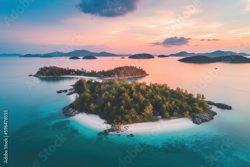 an isolated island in the vast ocean seen from above. Generative AI