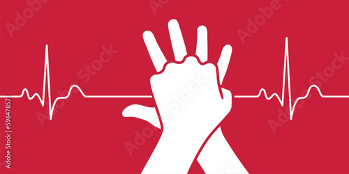 CPR hands and heartbeat line design. Clipart image isolated on white background