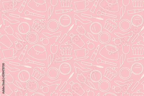 Mother's Day, female seamless pattern with cupcake, high heels, perfume, lipstick, powder, mascara, ring, coffee cup and handbag icons- vector illustration