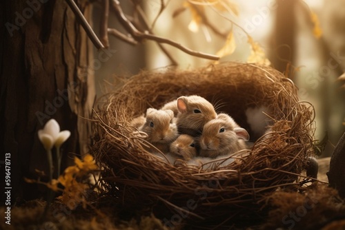 Adorable bunnies snuggled in a nest on a nature-themed backdrop for Easter. Generative AI