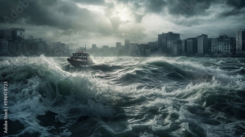 Massive tsunami wave inundates city. Generative AI.