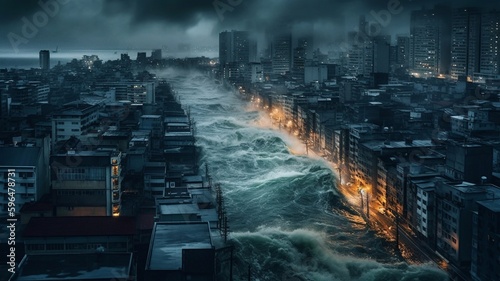 Massive tsunami wave inundates city. Generative AI.