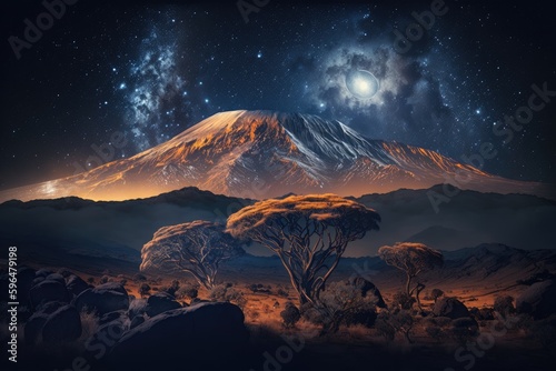 The majestic Mount Kilimanjaro at night, illuminated by the galaxy and a blanket of sparkling stars. Generated by AI