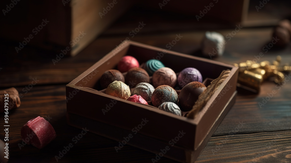 Box of Chocolates, Handmade Candies, Pralines Truffle on Wooden Rustic Table Background, Easter and Valentine's Day Greetings Box of Chocolates, Handmade Candies, Pralines Truffle on Wooden Rustic Table Background, Easter and Valentine's Day Greetings
