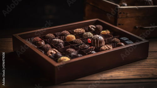 Box of Chocolates, Handmade Candies, Pralines Truffle on Wooden Rustic Table Background, Easter and Valentine's Day Greetings  © Syntetic Dreams