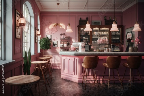 A charming ice cream parlor with pink accents and bar stools. Generative AI