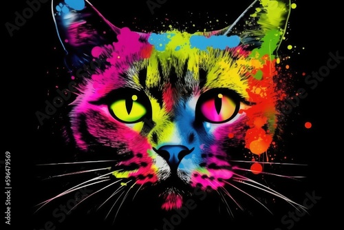 colorful cats face on a black background. Generative AI