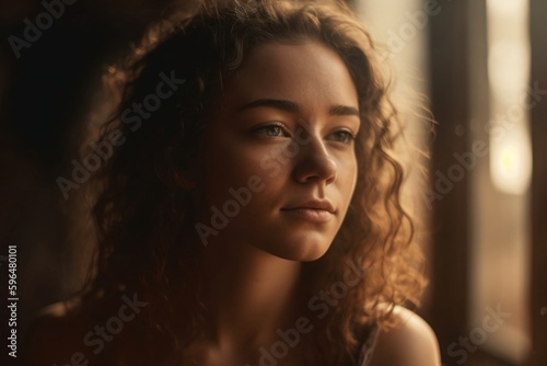 young woman with long wavy hair looks out of window created with Generative AI technology © StockMedia