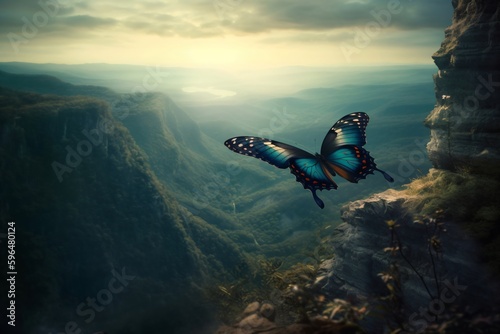 a beautiful big butterfly flies over a valley created with Generative AI technology