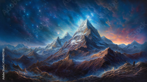 A the stars and galaxy are rising over a mountain