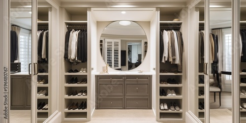 The reflection of a tidy well - organized closet in a spotless full - length mirror conveys a sense of accomplishment and order, concept of Minimalism, created with Generative AI technology