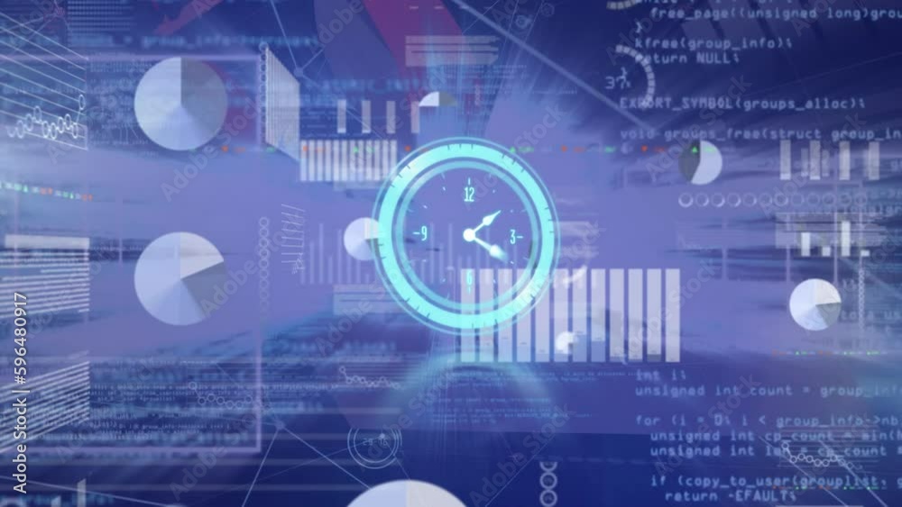 Animation of clock ticking and data processing over cityscape Animation of clock ticking and data processing over cityscape