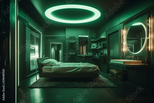 A retrofuturistic room with bed, sink, and mirror, cast in green light. Generative AI