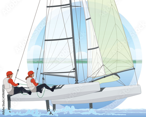 sailing female and male crew leaning out in a NACRA 17 multihull catamaran sailboat with water and sky background in circle 