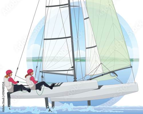 sailing two female crew leaning out in a NACRA 17 multihull catamaran sailboat with water and sky background in circle
