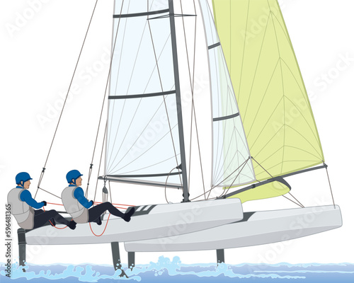 sailing two male crew leaning out in a NACRA 17 multihull catamaran sailboat isolated on a white background