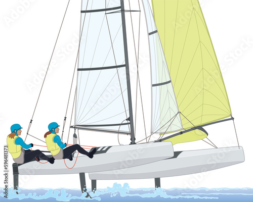sailing two female crew leaning out in a NACRA 17 multihull catamaran sailboat isolated on a white background