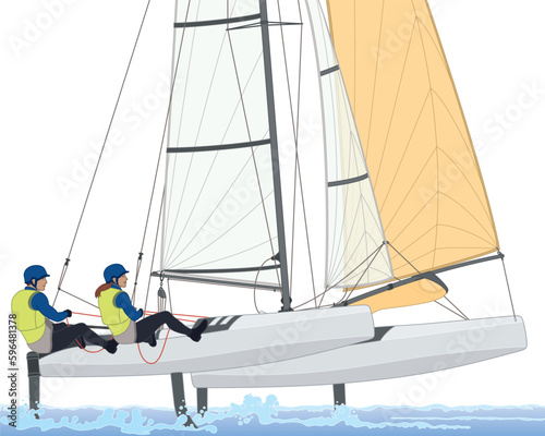 sailing female and male crew leaning out in a NACRA 17 multihull catamaran sailboat isolated on a white background