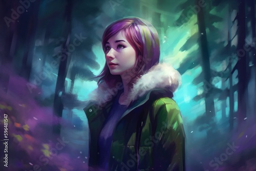 a pretty girl with purple colored hair and green jacket created with Generative AI technology