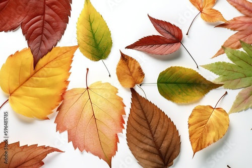 Autumn flat lay background on white autumn leaves and fruits decorative background
