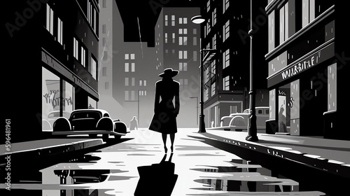 A film noir set in a gritty, urban landscape, featuring a stylized image of a woman in a fedora and trench coat walking down a deserted street, with a dramatic, black and white color scheme photo