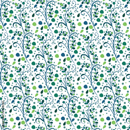 Seamless floral pattern with twigs. Botanical background  repeating prints. Blooming herbs texture design for your design. Hand drawn vector illustration 