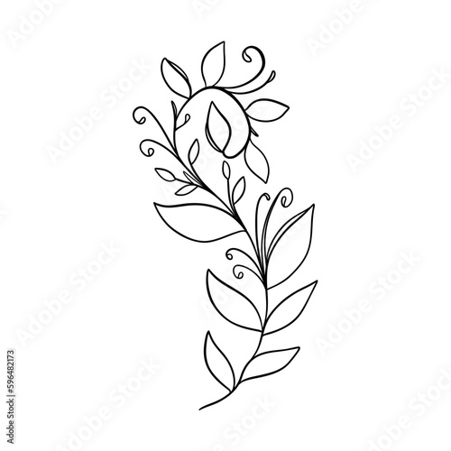 Digital illustration of a cute black outline doodle spring theme frame twig with leaves in scandinavian style. Print for clothes, poster, banner, postcard, web design, coloring.