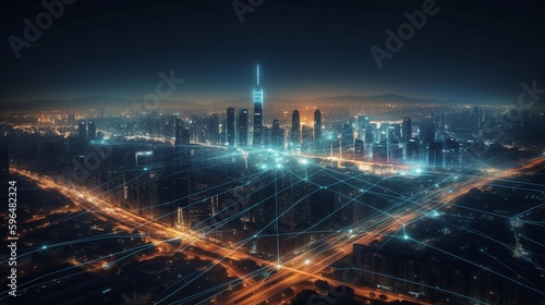 Concept of a wireless network and connectivity technology with a city backdrop at night. Generative AI.