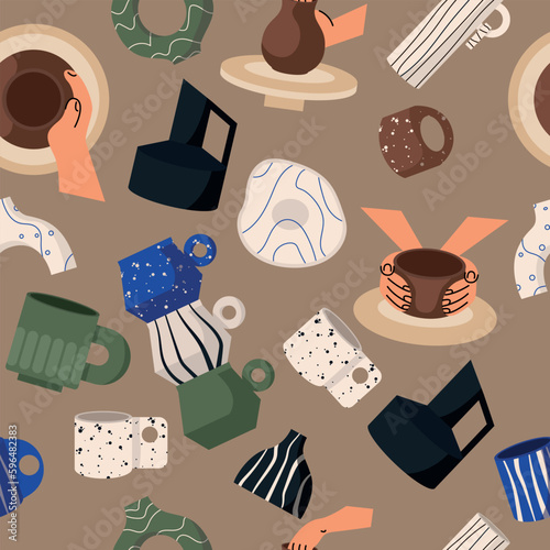 Seamless pattern with ceramic vases and cups, mug with abstract design. Minimalist antique ceramic pottery, clay studio, workshop, class, tools set. Vector flat illustration isolated on background