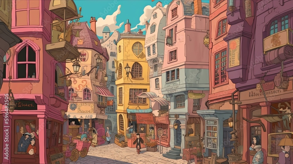 Obraz premium The painting often features a busy crowd of witches and wizards, going about their business and interacting with each other.