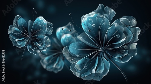 Beautiful blue flowers on a gray background. Generative AI photo