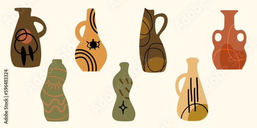 Ceramic decorative pottery vases collection. Vases set, simple abstract hand drawn bowls for card interior design. Vector illustration