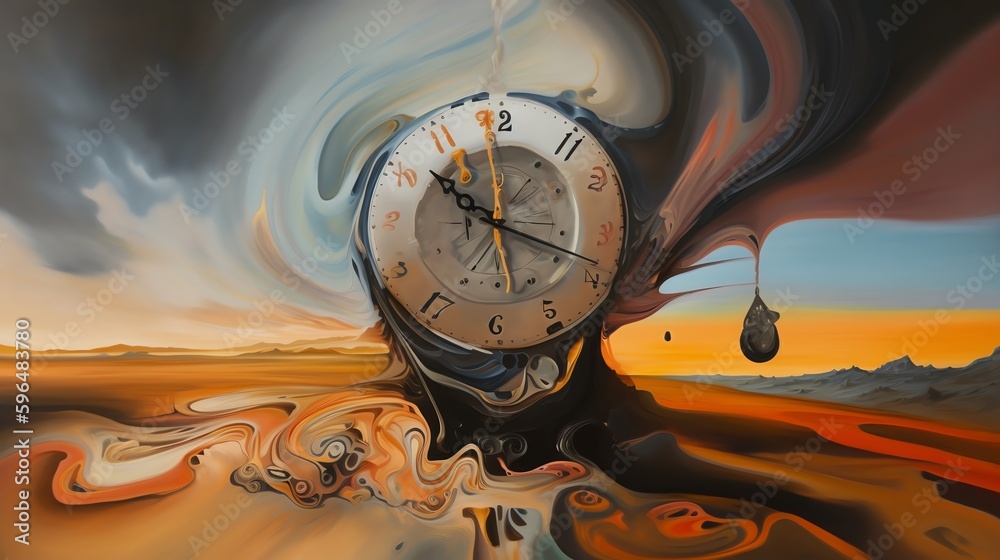 painting of visual metaphor for the impermanence of life, with the melted watches symbolizing the fleeting nature of time and the inevitability of death. - obrazy, fototapety, plakaty 