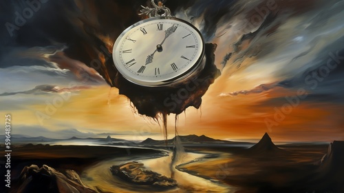 dreamlike painting that evokes a sense of painting of disorientation and instability, with the distorted landscape and melting watches creating a sense of unease and uncertainty. photo