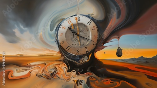 painting of visual metaphor for the impermanence of life, with the melted watches symbolizing the fleeting nature of time and the inevitability of death. photo