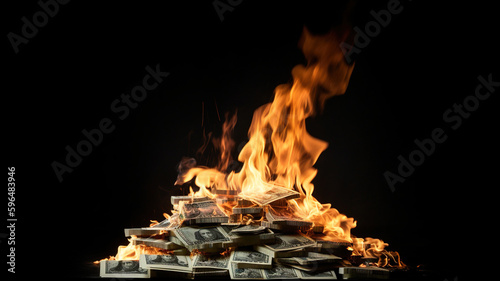 Dollar bills pile burning in close-up over black background, Burning money on fire, fiat Inflation concept photo