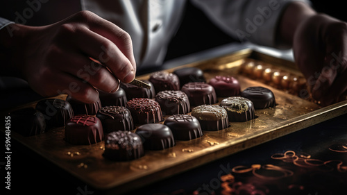 Confectioner Handcrafting Intricate Chocolate Designs, Chef creating handmade chocolates sweets, hands close-up, candy shop concept