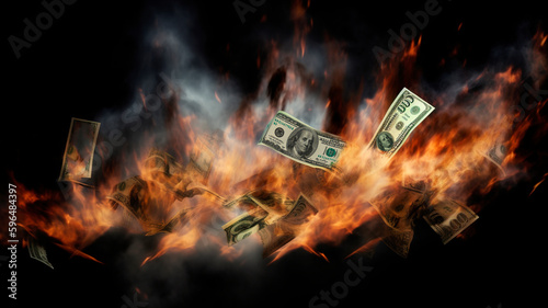 Dollar bills burning in close-up over black background, Burning money on fire, fiat Inflation concept