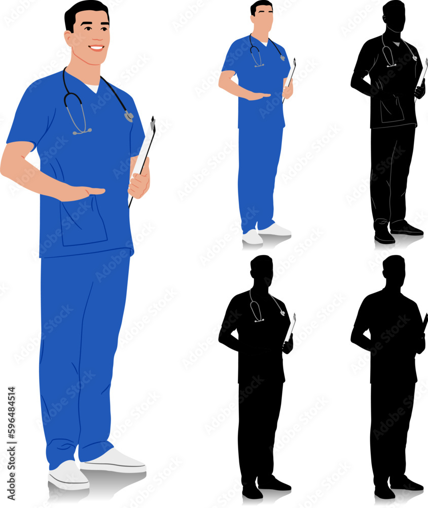 Hand-drawn healthcare worker. Happy smiling doctor with a stethoscope and clipboard. Male nurse in blue uniform. Vector flat style illustration set isolated on white. Full length view