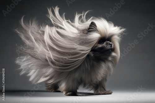 small long-haired dog on a gray background. Generative AI