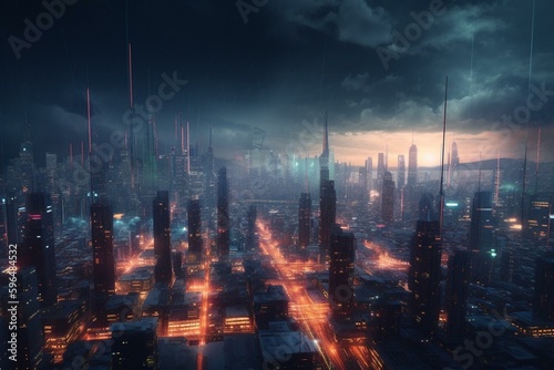 Futuristic 3D skyline with digital scenery for a tomorrow s city. Generative AI