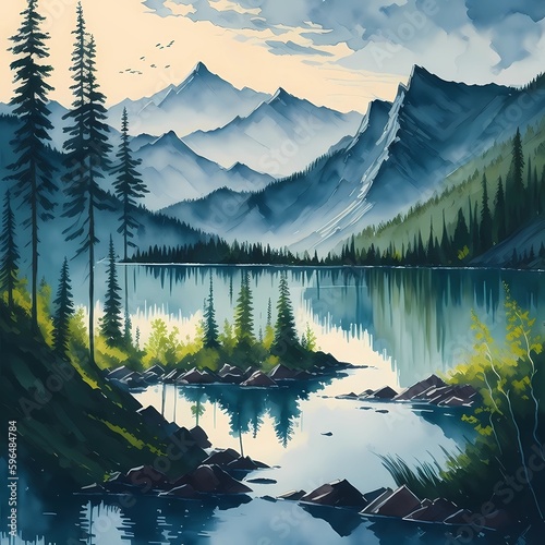 An illustration of a mountain lake in the mountains. Mountain lake landscape vector illustration with AI Generated