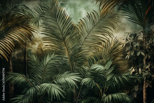 Fresco-style mural featuring palm tree foliage. Generative AI
