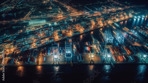 Aerial photo of container ships, global business company logistics supply chain freight import export transportation of containerized cargo worldwide. Generative AI.