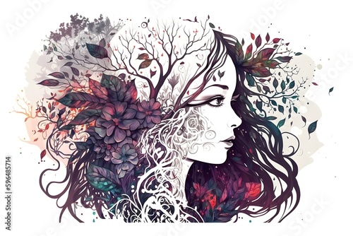Beautiful side portrait of a girl with a flower forest depicted as hair.Portrait, beauty, nature, flower, colorful, female.