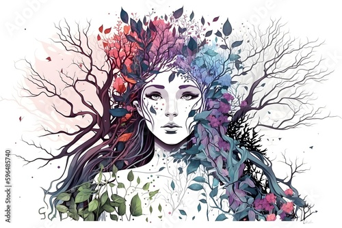 Beautiful illustration of a girl with a flower forest depicted as hair.Portrait, beauty, nature, flower, colorful, female.