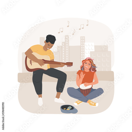 Street music performance isolated cartoon vector illustration. Teenage couple making music on the street, boy and girl singing and playing acoustic guitar, performing art vector cartoon.