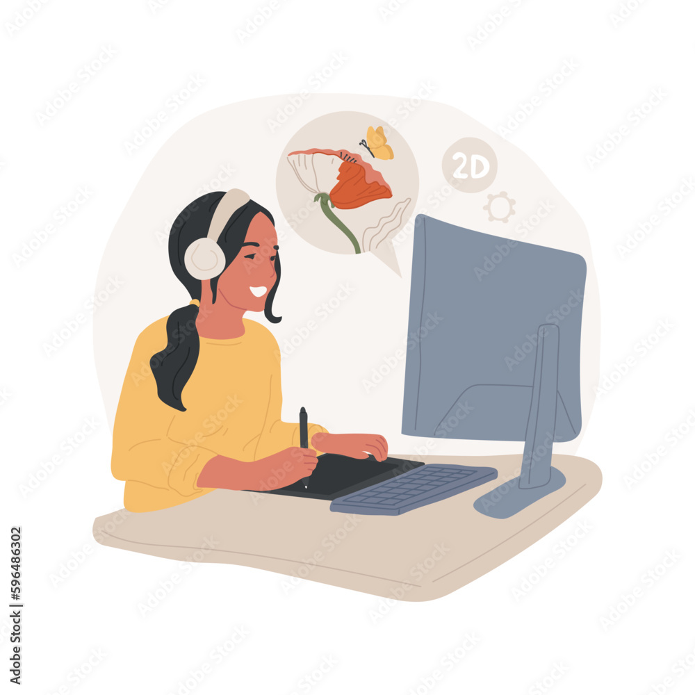 Graphic design isolated cartoon vector illustration. Girl sitting in front of laptop and drawing using graphics tablet, graphic design hobby, learning new skills, digital artist vector cartoon.