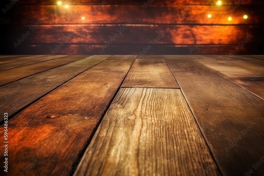 Obraz premium rustic wooden table with warm glowing lights in the background. Generative AI